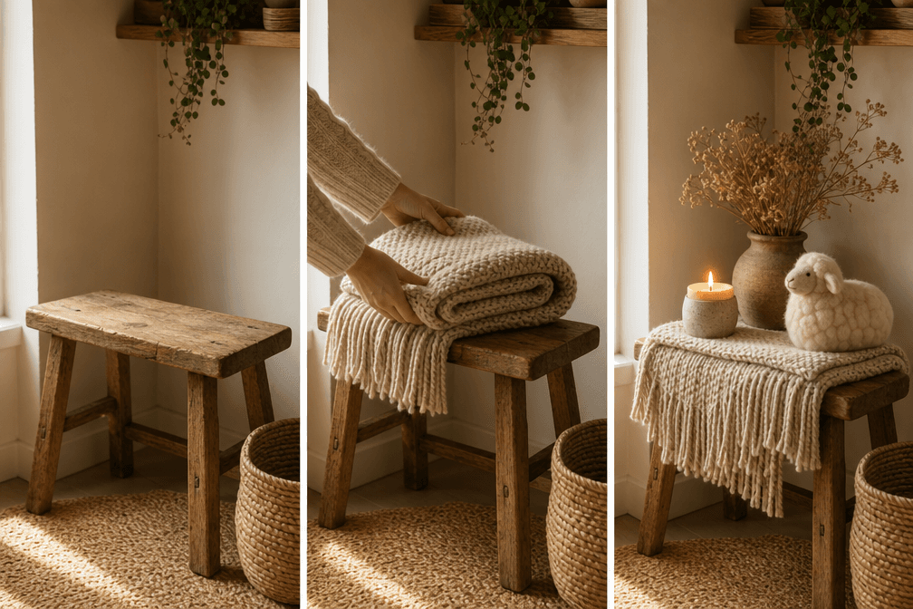 A warm corner being styled step by step, from empty to cosy with a folded knit throw, a candle and a felt sheep