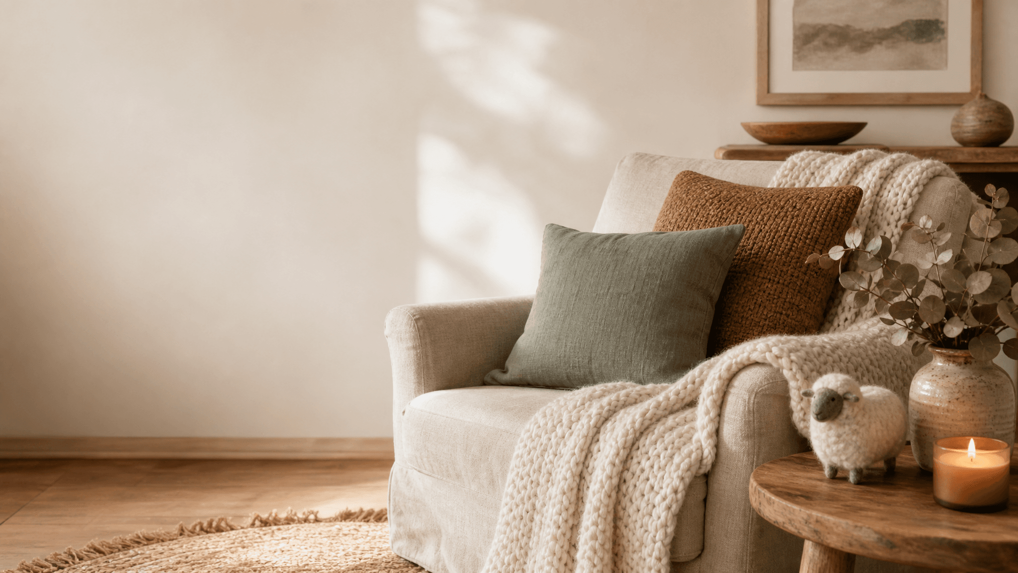 A cosy living room corner styled with a chunky knit throw, cushions, a lit candle and a handmade wool-felt sheep in warm afternoon light