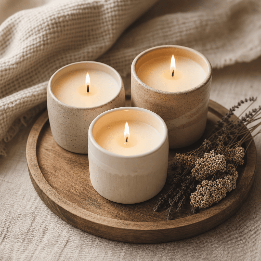 Handmade Candle Trio — Three hand-poured soy candles. Soy-wax candles x3 (Wool Soap / Dry Meadow / Warm Oats), Round wooden tray