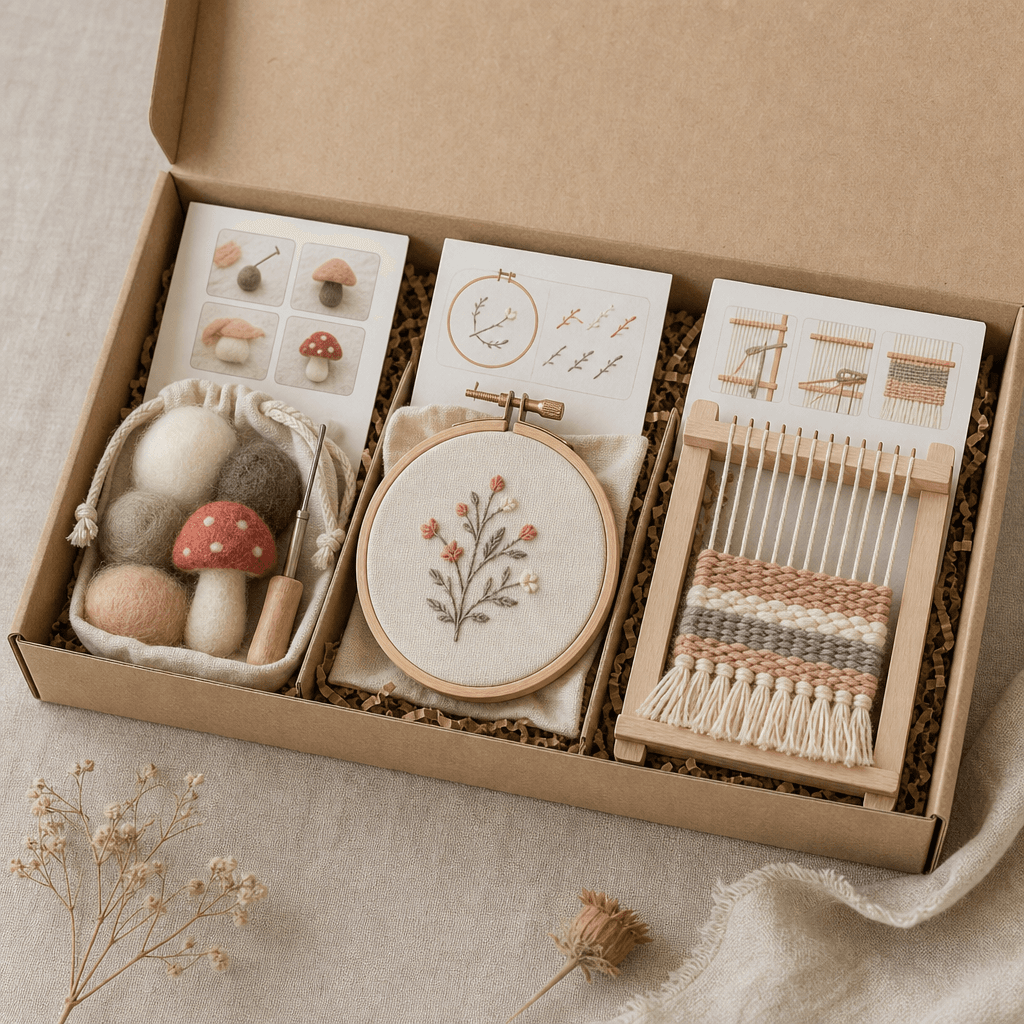 Craft Club Sampler Box — Try three makes in one box. Mini kits x3 (felting / embroidery hoop / mini weaving), Illustrated guides