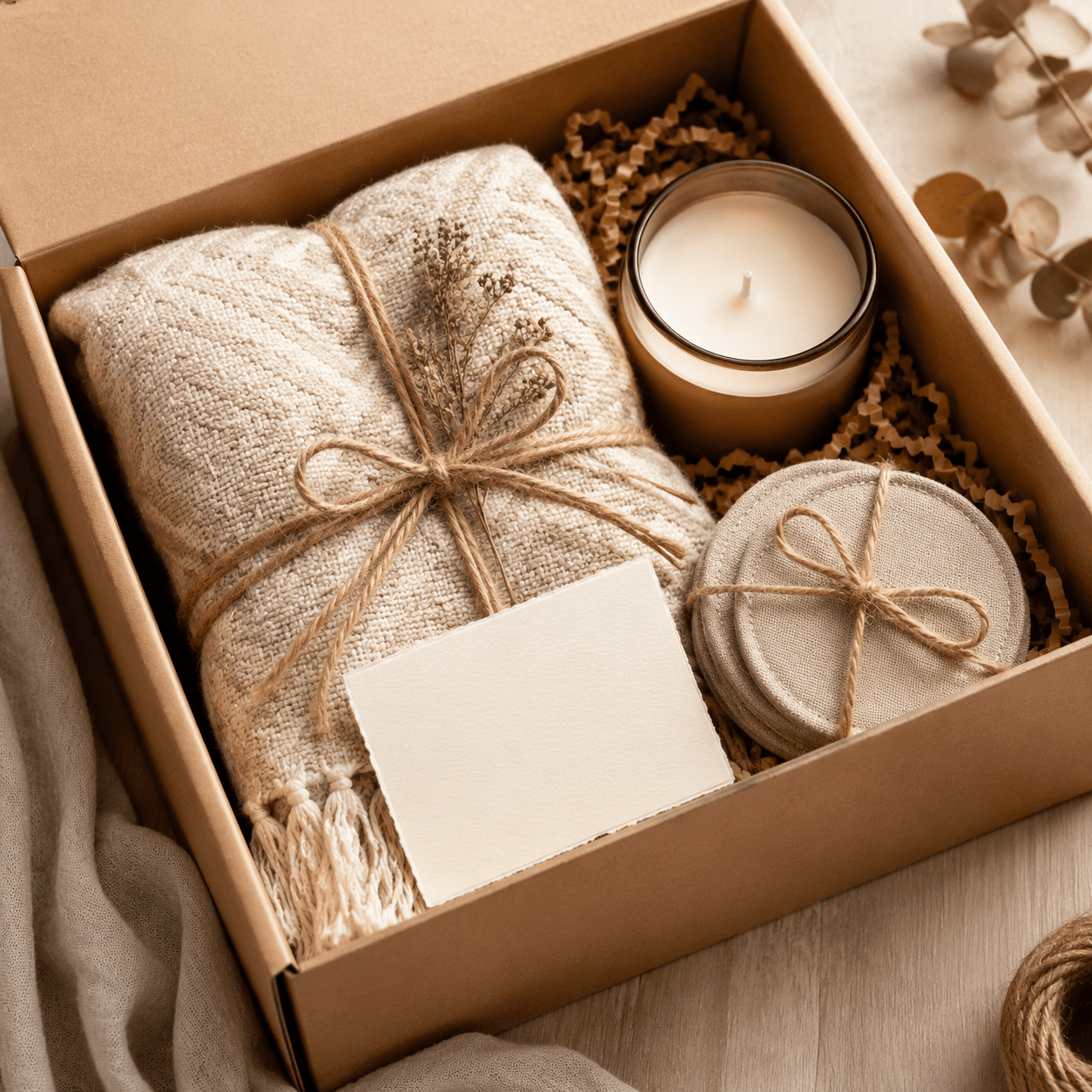 New Home Cosy Gift Box — Housewarming gift box. Throw blanket, Candle, Fabric coaster set, Blank keepsake card