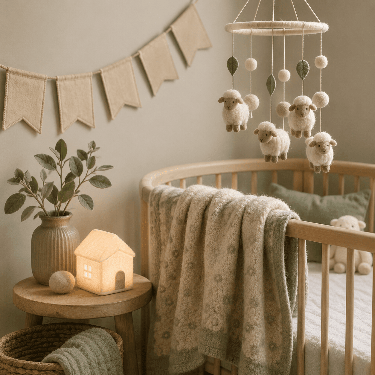 Little Ones' Nursery Nook — A soft corner for a nursery. Soft wool baby blanket, Felt sheep mobile, Personalised name bunting, Night light
