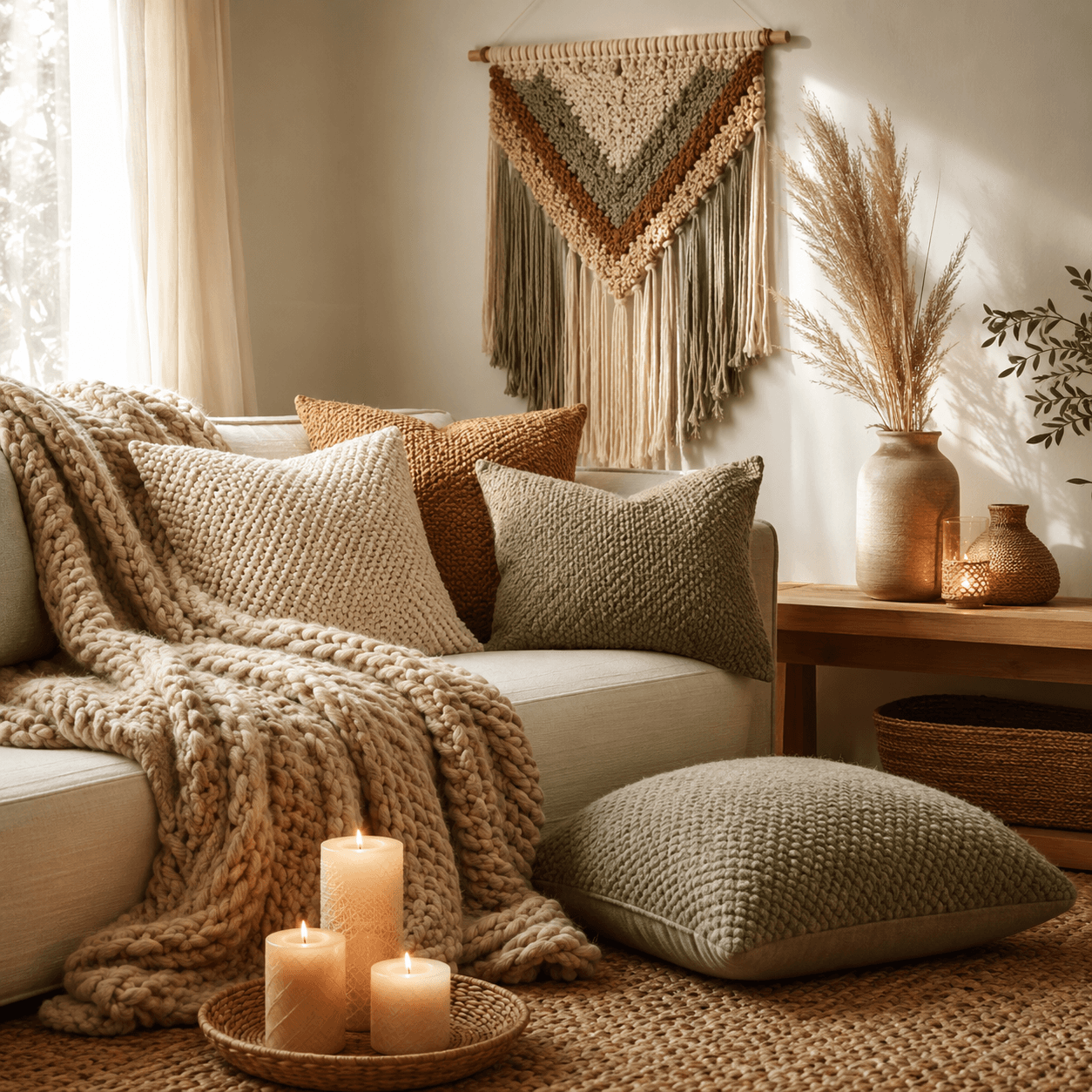 Whole-Room Cosy Bundle (Living Room) — Flagship: warm the whole room. Chunky-knit throw, Cushions x4, Floor cushion, Candles x3, Woven wall hanging